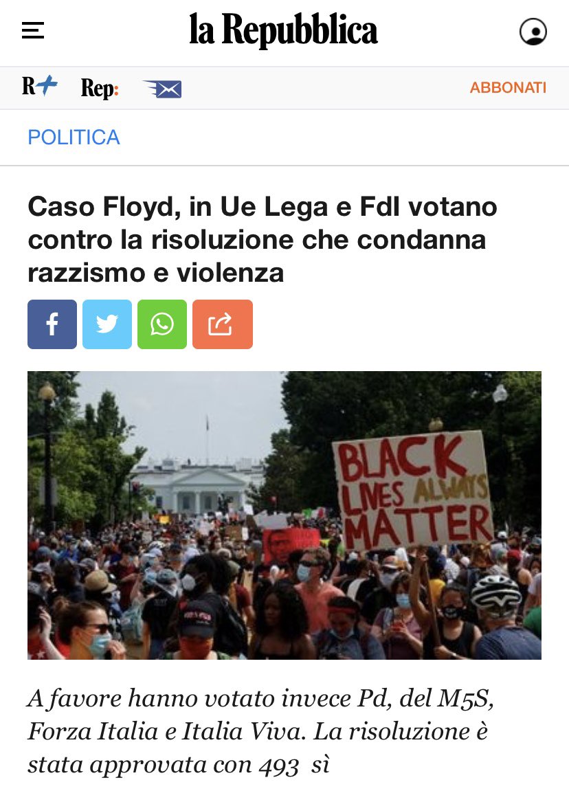 Lega e FdI in Europa hanno votato contro la risoluzione su razzismo e violenza dopo il caso Floyd. Ci divide il giudizio su populismo e globalizzazione. Ma soprattutto abbiamo un’idea diversa sui valori e sulla politica. Siamo diversi da chi non condanna razzismo e violenza.