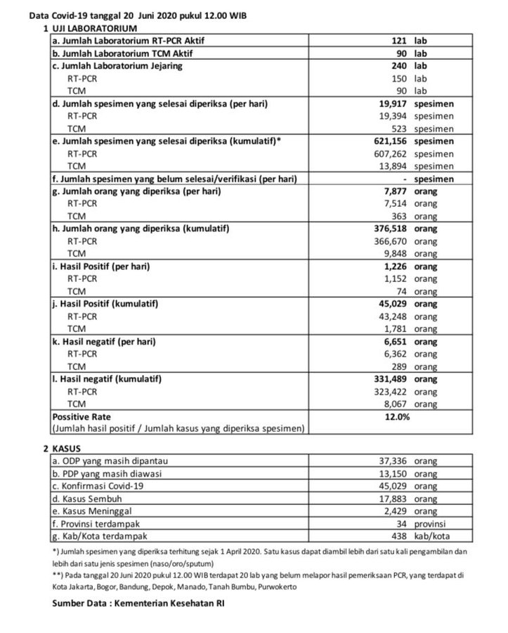 Rincian data kasus virus corona di Indonesia per Sabtu (20/6/2020)