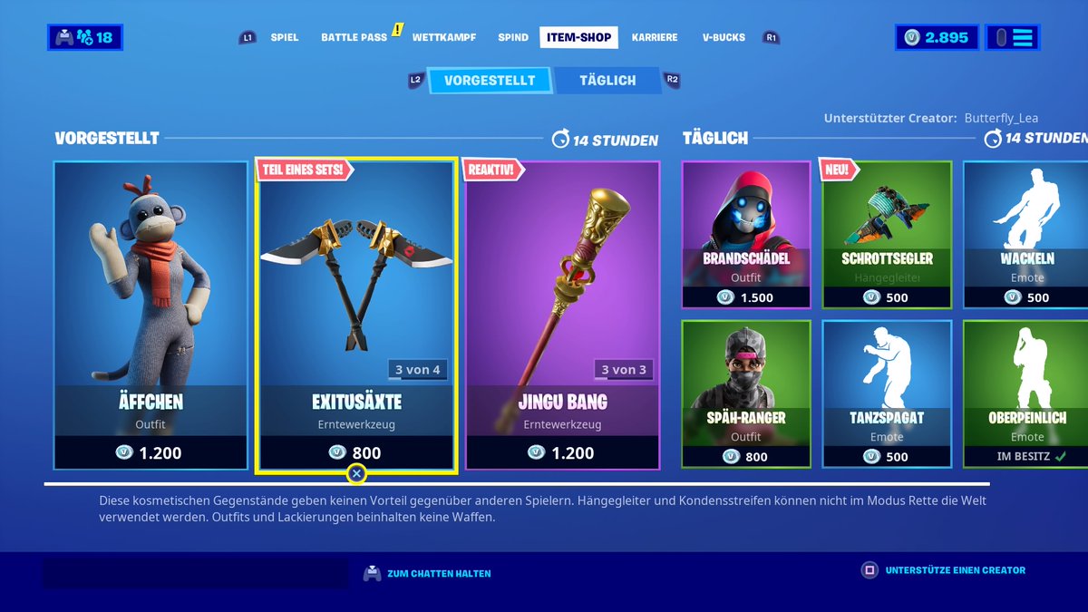 elsenboy1987's tweet photo. Item Shop von 20.06.2020 "Äffchen" ist wieder da. Die Agenten "Sirene" &amp; "Warg" mit ihrem Erntewerkzeug "Exitusäxte" &amp;  "Reflexklingen"."Panda-Beauftragte" &amp; "Wukong" mit seinen Ertewerkzeug "Jung Bang" zu erwerben. Neuer Standart Hängegleiter "Schrottsegler" ist am Start. https://t.co/08xaoT1qN4
