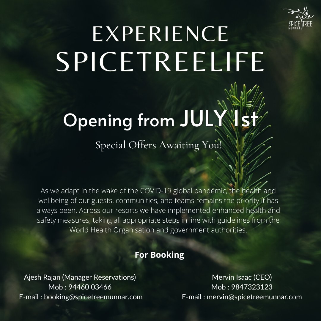 SpiceTreeMunnar's tweet photo. Experience the spicetreelife from JULY 1st. 

Special offers are awaiting you! 

(Full Details : https://t.co/fBXHBr2uks)

#experiencespicetreelife #spicetreelife #spicetree #luxuryresort #munnar #godsowncountry #kerala https://t.co/D2kCdFZpoz