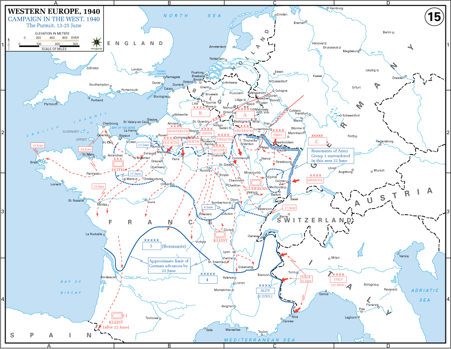 34/ J'ajoute une carte pour permettre de visualiser les 3 offensives lancées le 21 juin 1940 par l'Italie.Opération B (pour St Bernard), M (pour Maurienne) et R (pour Riviera).Les opérations M et R devaient se rejoindre après deux percées concentriques, sur Marseille (sic).