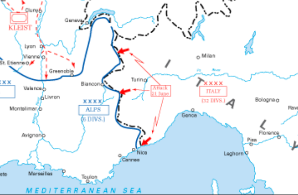 34/ J'ajoute une carte pour permettre de visualiser les 3 offensives lancées le 21 juin 1940 par l'Italie.Opération B (pour St Bernard), M (pour Maurienne) et R (pour Riviera).Les opérations M et R devaient se rejoindre après deux percées concentriques, sur Marseille (sic).