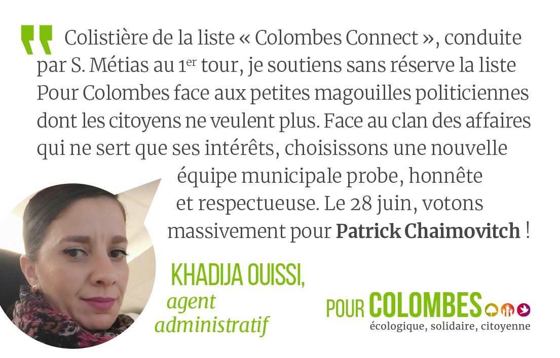 PourColombes's tweet photo. Khadija OUISSI est une enfant de #Colombes. Colistière de la liste #ColombesConnect, menée par S.Metias, elle est très attachée à l’inclusion des citoyens par la démocratie directe et à l’éthique.
Elle s’engage #PourColombes avec @pchaimovitch face au clan des petites combines! https://t.co/GlnfvAtYnZ