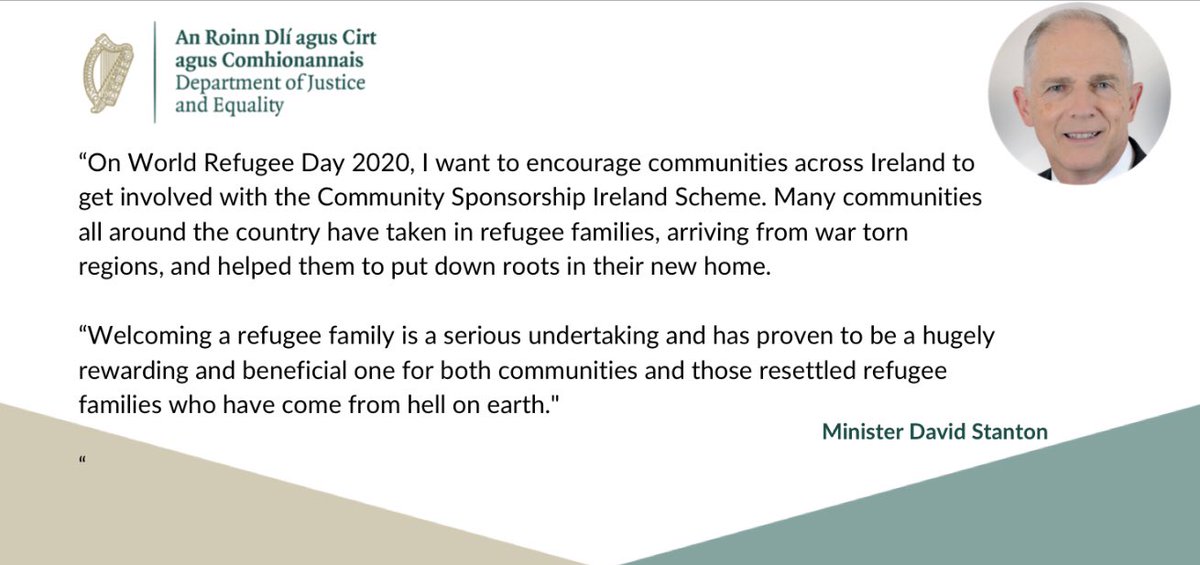 DeptJusticeIRL's tweet image. On #WorldRefugeeDay2020 Minister of State for Integration @davidstantontd would like to encourage communities across Ireland to consider getting involved with the Community Sponsorship Ireland Scheme.