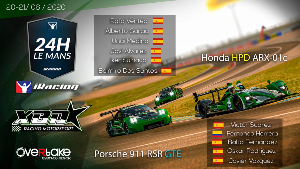 🚦Llego el día de las #iRacing24hofLeMans.

Lleváremos un #PorscheRSR y un #HPD al mítico circuito 🇫🇷

Más tardes pondremos los enlaces a los canales twitch de nuestros chicos 😉

<a href="/overtake_es/">OVERTAKE</a> #greenpower 🔝