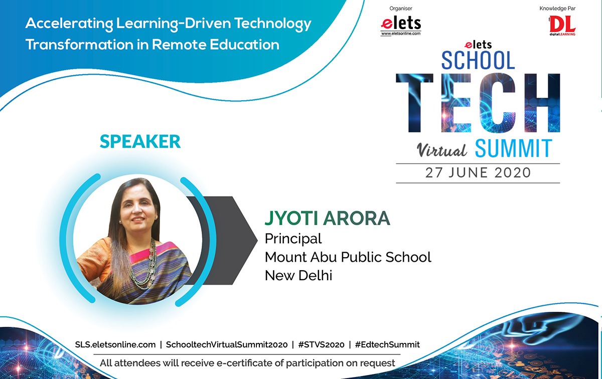 dl_magazine's tweet photo. .@eletsonline is delighted to have @JyotiAroraMtAbu, Principal, @MountAbu_school, #NewDelhi as an Eminent Speaker at the School Tech Virtual Summit, which will be held on 27 June, 2020.
Register Now: https://t.co/AvR97wbTLN
#SchoolTechVirtualSummit2020 #STVS2020 #EdtechSummit https://t.co/Rm64Er8Dee