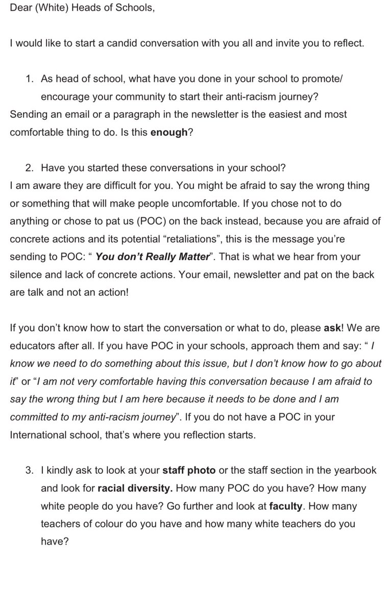 DolineNdorimana's tweet photo. Dear (white)heads of schools. Allow me to have a candid conversation with you about #structuralracism in #international schools. Please take few minutes and refect👇🏾#BLM @JoelJrLLABAN @Learn_thru_it @doxtdatorb #education @ECISchools @CISEducation https://t.co/DpDDVur0u4