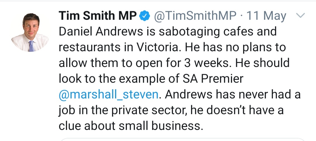 Yes... and this has been going on for 6 weeks now. And Timmy from Kew has a media profile, regularly appearing on 3AW and Sunrise. Read on below for some of Timmy's "let's end the lockdown" greatest hits...  #COVID19Aus  https://twitter.com/MadFckingWitch/status/1274241818977112064?s=19