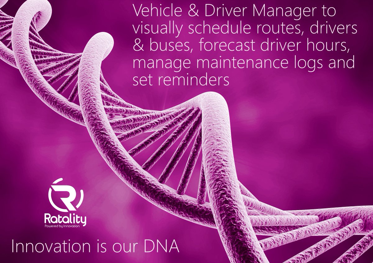 Ratality (@ratality1) on Twitter photo Ratality's Vehicle & Driver Manager to 
visually schedule routes, drivers
 & buses, forecast driver hours, 
manage maintenance logs and 
set reminders 
#InnovationIsOurDNA Ratality's Vehicle & Driver Manager to 
visually schedule routes, drivers
 & buses, forecast driver hours, 
manage maintenance logs and 
set reminders 
#InnovationIsOurDNA