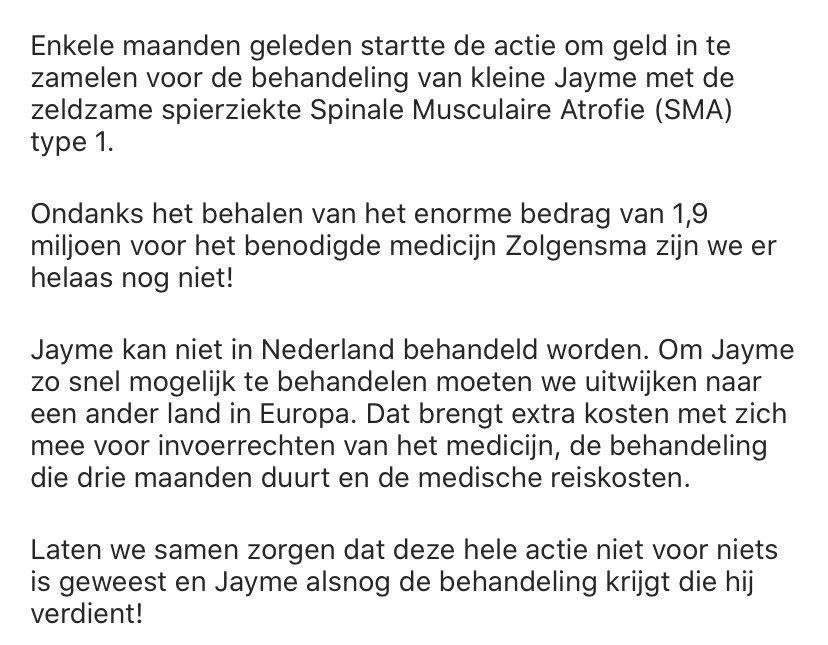 Op 1 februari startte de actie voor de behandeling van Jayme. Omdat hij niet in Nederland behandeld kan worden zijn we er helaas nog niet. Laten we er samen voor zorgen dat deze hele actie niet voor niets is geweest! 
Doneer via teamjayme.nl of SMS
#teamjayme2020 #help