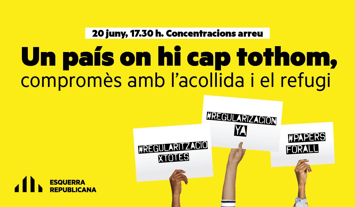 ErcCiutadania's tweet photo. 📅Avui 20 de juny es commemora el #DiaMundialPersonesRefugiades
👉🏾Cal reivinducar un cop més la necessitat de lluitar per un món més just i més equitatiu!
#RegularitzacioXTotes #regularizaciónya #paperforall #WorldRefugeeDay2020 https://t.co/NHElP2v83u
