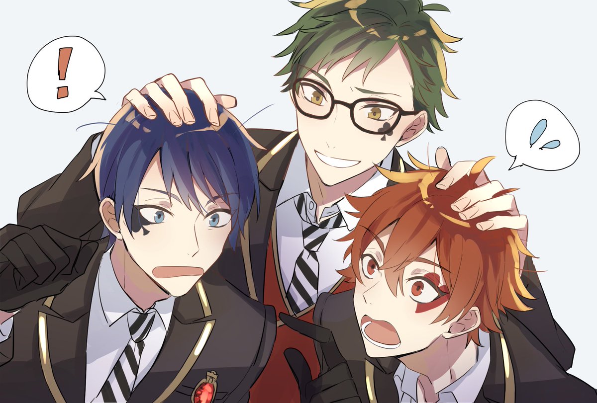 3boys male focus multiple boys necktie school uniform green hair blue eyes  illustration images