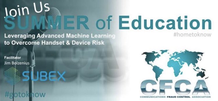CFCAFraud's tweet photo. Jim Bolzenius of @subex is joining our #SummerofEducation to cover current trends &amp; #risks in handset and device sales... Why #telcos need a real-time decisions system to overcome handset losses

Register at https://t.co/PdDyzBIENu - 24th June 2020

#GoToKnow #HomeToKnow #CFCA35 https://t.co/Z9pMLPOVE2