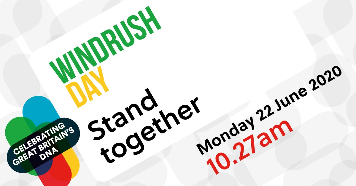 This Windrush Day, let us all stand together on our doorsteps, at our windows and in our businesses to celebrate the Windrush Generation. Join us in song at 10.27am on Monday 22nd June, with your family and neighbours, to celebrate Windrush Day.

#GetInvolved #Windrush2020