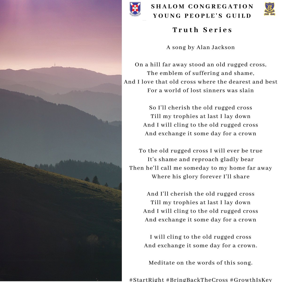 shalomypg's tweet photo. A song by Alan Jackson
On a hill far away stood an old rugged cross,
The emblem of suffering and shame,
And I love that old cross where the dearest and best
For a world of lost sinners was slain
Meditate on the words of this song.
#StartRight #BringBackTheCross
Happy weekend https://t.co/ml2Njuf4gi
