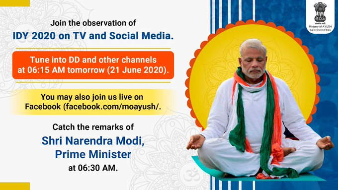 Join the observation of International Day of Yoga (IDY) 2020 on Television and Social Media Tune into @DDNational , @DDNewslive , @DD_Bharati , @DDIndialive , @DDUrduOfficial , @ddsportschannel , @DDKisanChannel or any of the numerous other channels that would be relaying IMAGES, GIF, ANIMATED GIF, WALLPAPER, STICKER FOR WHATSAPP & FACEBOOK