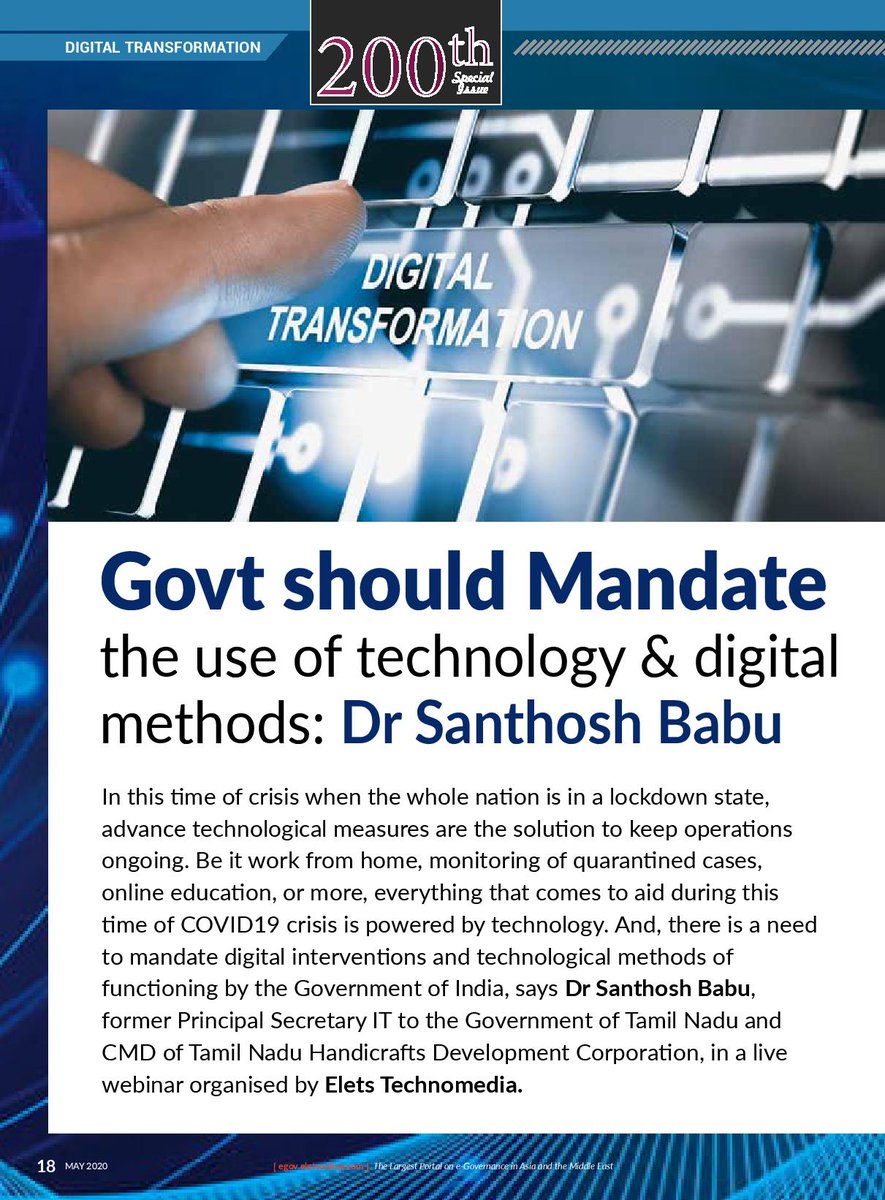 egovonline's tweet photo. #Eletsexclusive| "There is a need to mandate digital methods of functioning by @GovtOfIndia_", says Dr Santhosh Babu, former Principal Secretary, IT, Tamil Nadu and present CMD of @thdcltd, in a live webinar organised by @eletsonline.
To read- https://t.co/8krxZ9gh2s
#EletseGov https://t.co/IBBp5CaI2d