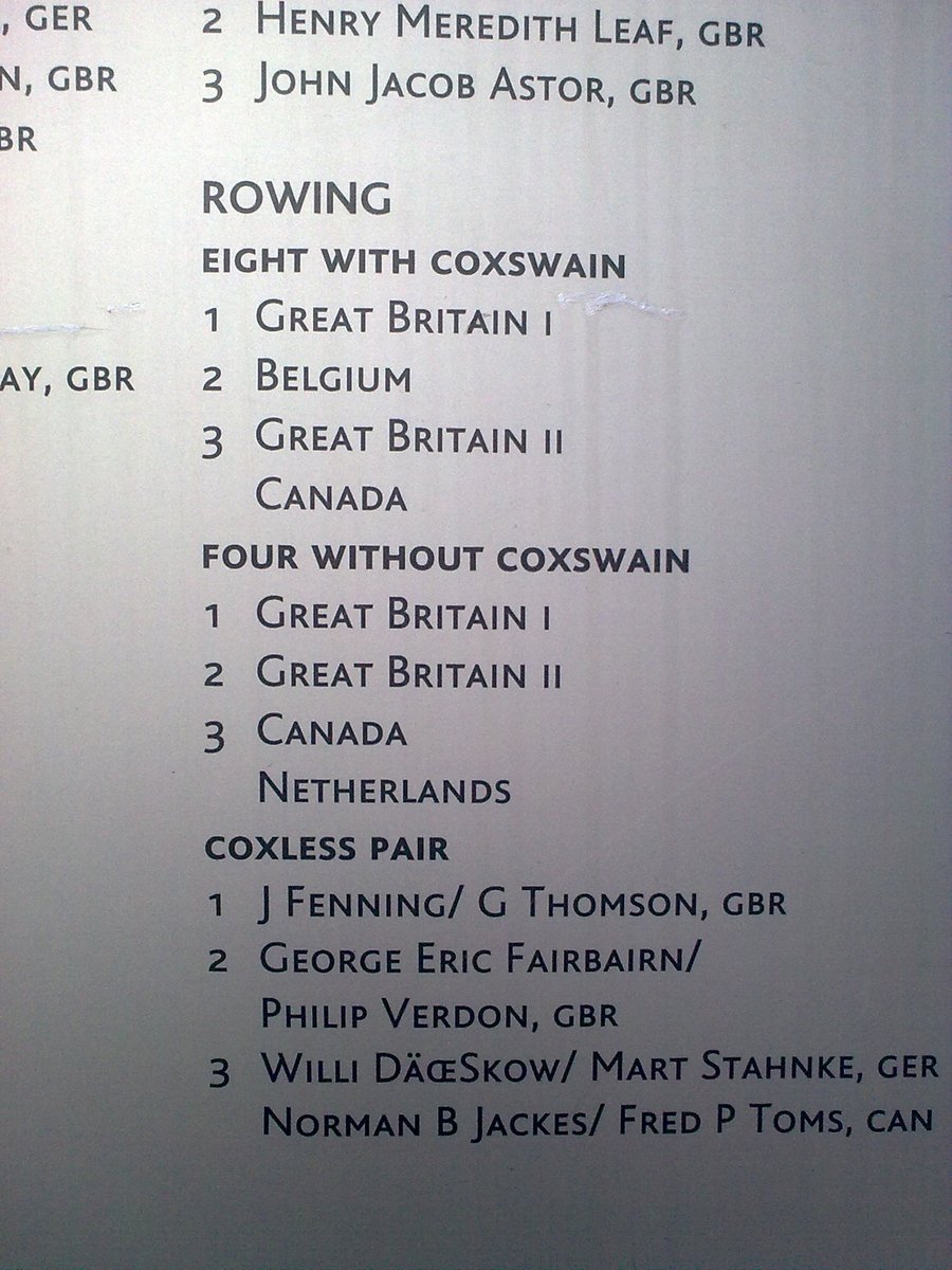The Light Blues formed a second boat, winning bronze behind  @Leander_Club and Belgium's Ghent club. Eric was dropped from the 8 but had the last laugh winning silver in the pairs with Philip Verdon. Name board at BBC on site of old White City Olympic stadium  @BBCNews