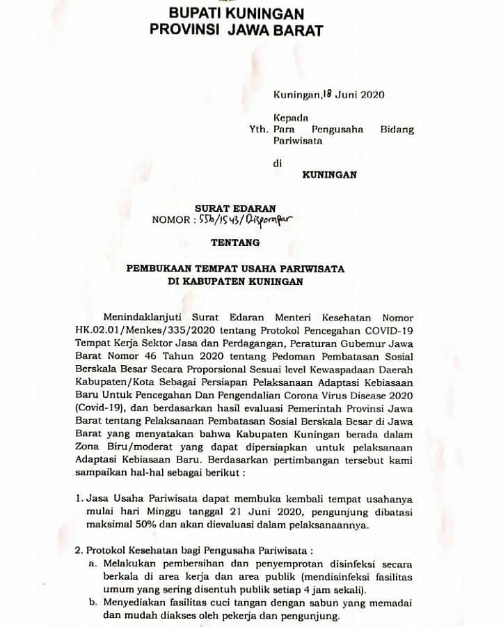 pariwisatakng's tweet image. Kabar baik untuk #SobatWisata yang sudah bertanya kapan pariwisata di Kuningan dibuka.

Berikut surat edaran dari Bapak Bupati Kabupaten Kuningan

#PariwisataKuningan dibuka kembali tanggal 21 Juni 2020.

Jangan lupa tetap memperhatikan Protokol kesehatan.