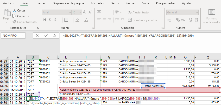 audit2me's tweet photo. Extraer el número de asiento de tamaño variable (de 1 a 9999)
Si no hay cambio de asiento poner el de arriba (anterior)
Encuentro el cambio cada vez que aparece la línea de total 
=SI(J64297<>"";EXTRAE(E64298;HALLAR("número ";E64298)+7;LARGO(E64298)-65);B64299) https://t.co/vsV8cosTWb