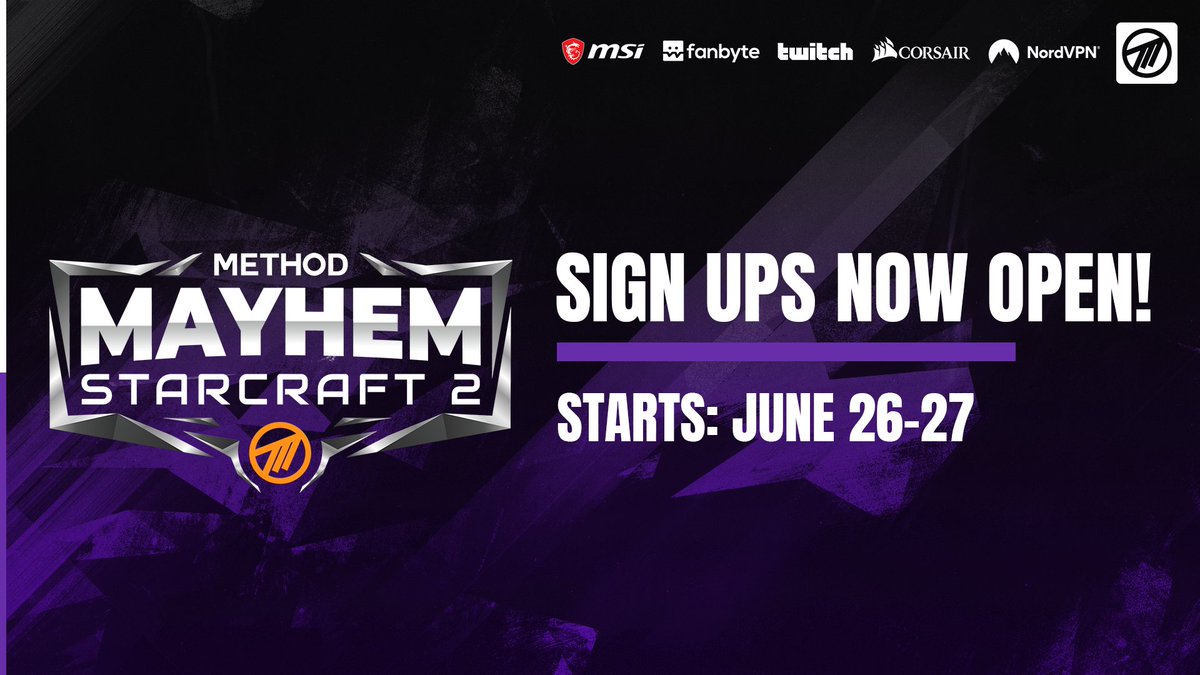 Method's tweet photo. Method Mayhem StarCraft 2 - Cup 2 registration is now open! Sign up and show us what you got!
🗓️June 26-27
⚔️https://t.co/cKUPerbl50
🌐https://t.co/IHZvb7WzCz
#methodmayhem #methodway https://t.co/VuSEJqKNuW