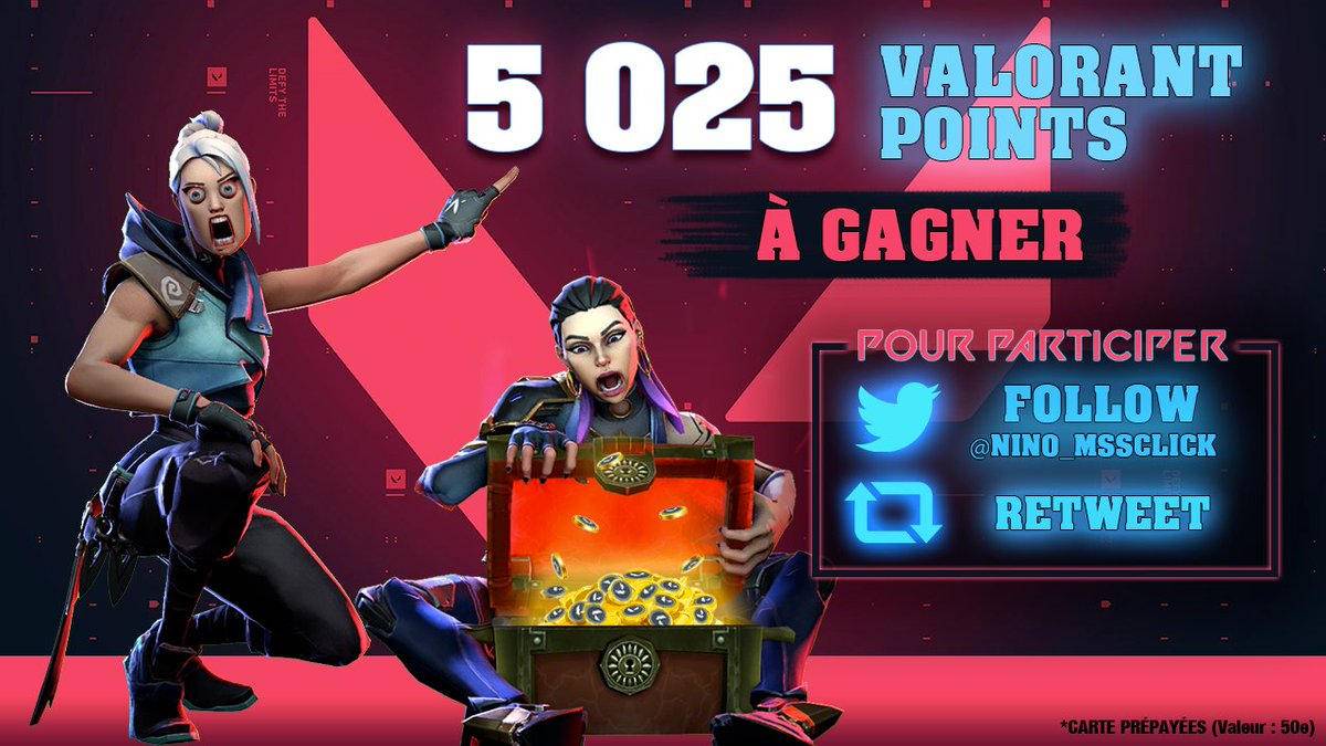 NinoMssClick_'s tweet image. 🎁#Concours🎁
Sortez vos plus beaux skins sur #VALORANT pour l'approche des RANKED 😎
A gagner : 5025 Valorant Points (Valeur 50e)

POUR PARTICIPER : 
- Follow  @Nino_MssClick
- #RT Retweet le concours

Tirage au sort le 25/06 ! 🍀🗓️