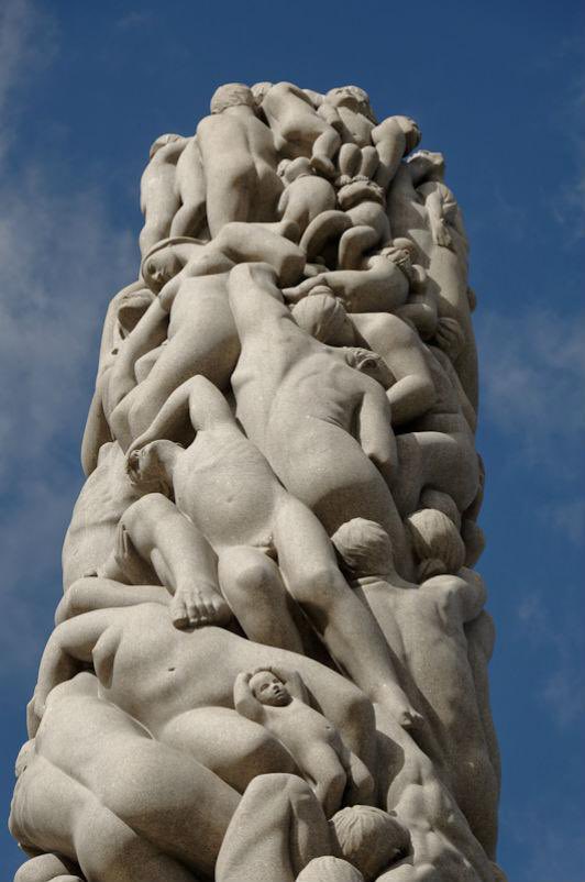 The park takes visitors on a journey through 200 bronze and granite statues that gradually lead to its central feature, this Monolith made of writhing bodies