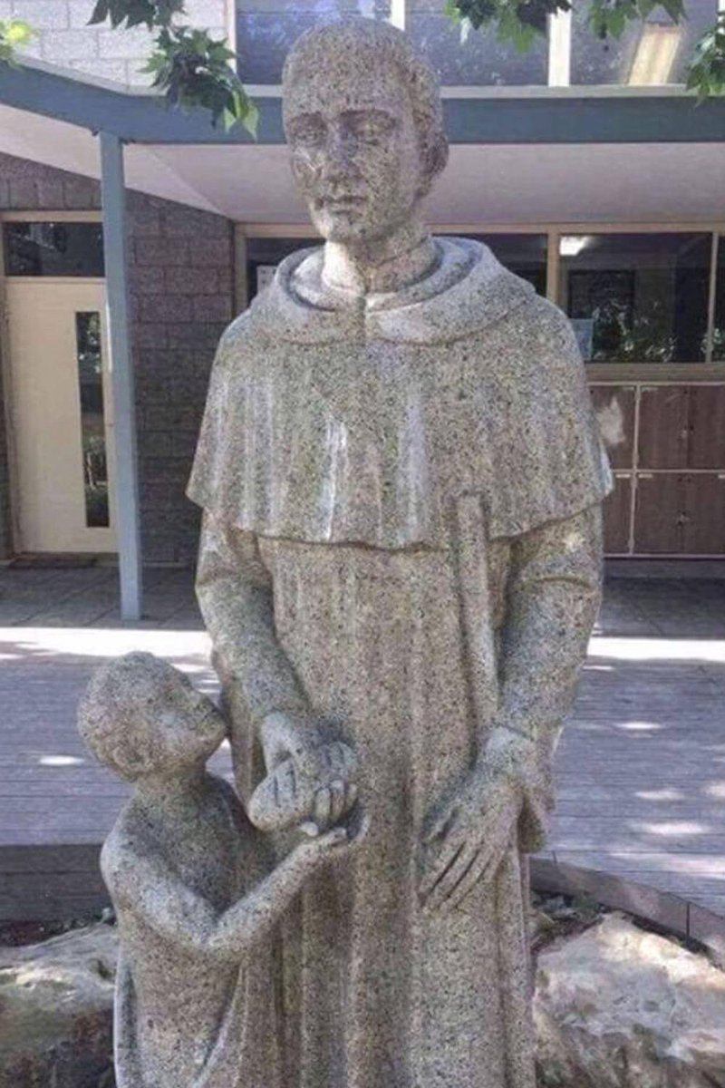 In 2017, Blackfriars Priory School in Adelaide unveiled its new statue of St martin de Porres handing a kneeling child some bread last week. They were forced to cover it up after 'inappropriate' photos went viral on social media. https://www.standard.co.uk/news/world/australian-catholic-school-forced-to-cover-unfortunate-statue-of-saint-and-child-a3698166.html?amp