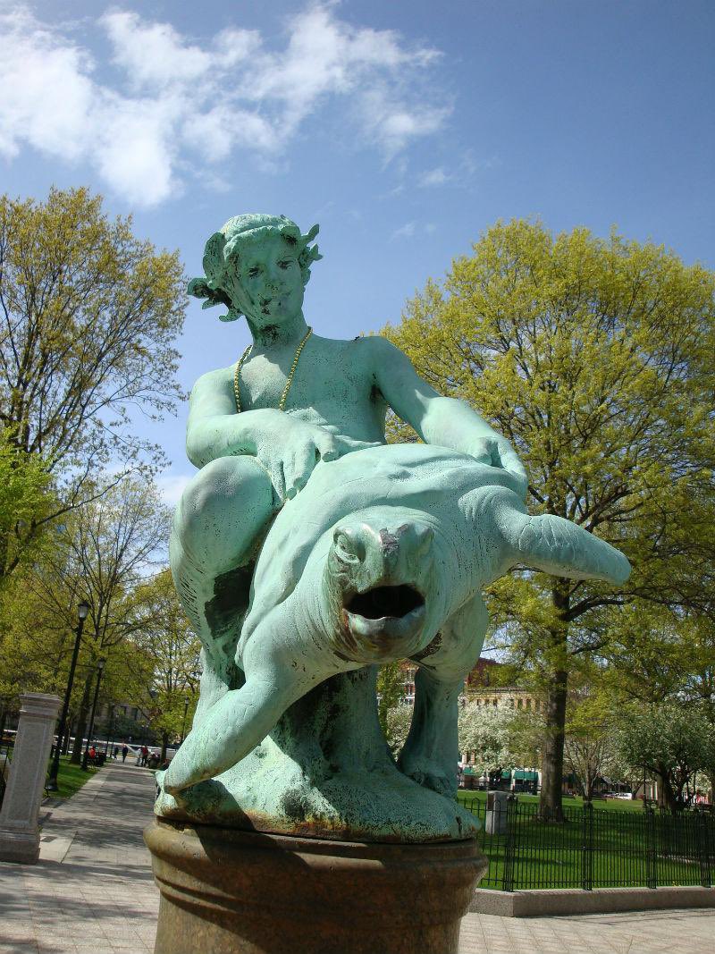 The Burnside Fountain and Boy With A Turtle is in Worcester, Massachusetts. The statue was built as a tribute to notable lawyer Samuel Burnside by one of his daughters.