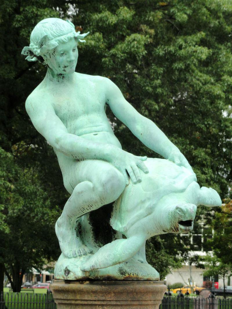 The Burnside Fountain and Boy With A Turtle is in Worcester, Massachusetts. The statue was built as a tribute to notable lawyer Samuel Burnside by one of his daughters.