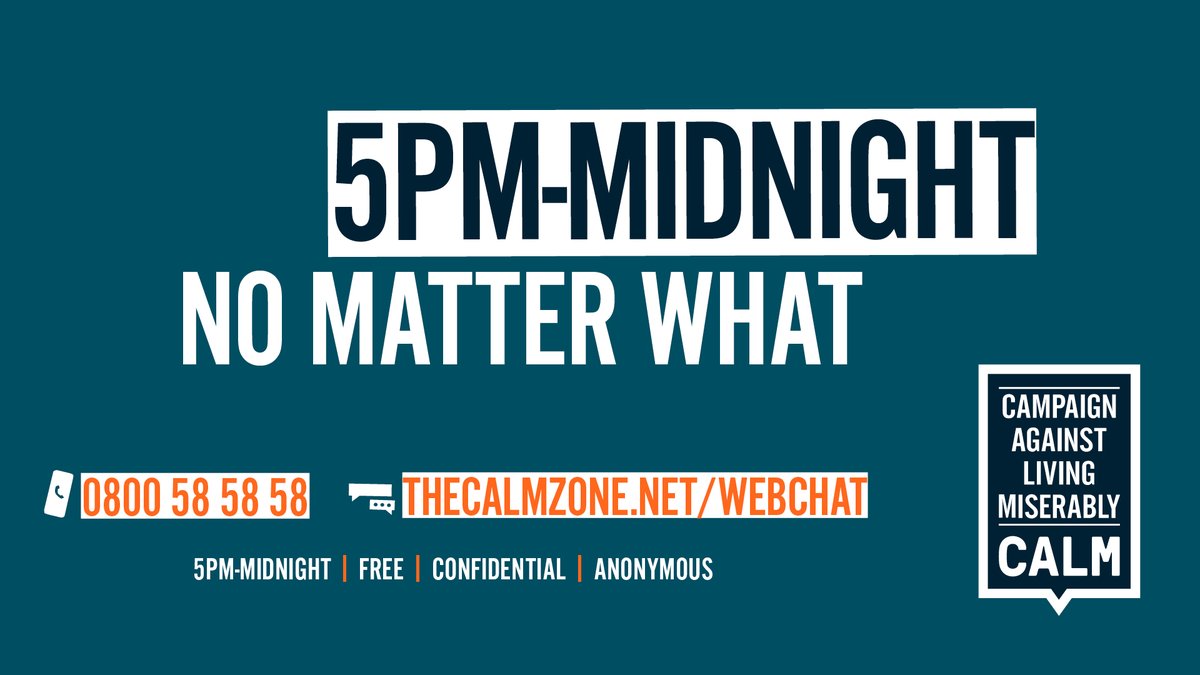theCALMzone's tweet photo. If you’re finding things tough, our helpline and webchat are open from 5pm until midnight. Call us on 0800 58 58 58, or chat to our trained helpline staff online. 

No matter who you are or what you're going through, it's free, anonymous &amp; confidential.

https://t.co/TJQrbFZQdD https://t.co/dE2bJX4V9W