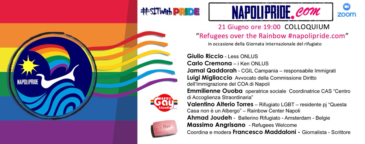 Giornata Internazionale del rifugiato #napolipride
“Refugees over the Rainbow” 21/6/2020 h 19:00 on Zoom live sui social o sul sito alla pagina napolipride.com/napolipridetv.…