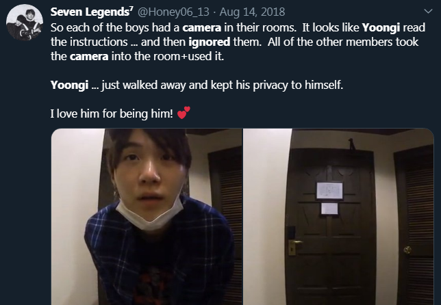 This is happening while members from hyung line usually have freedom to turn cameras away or even spend time without cameras invading their privacy. https://twitter.com/Honey06_13/status/1029344460881125378