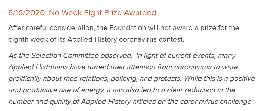 This week, the Stanton Foundation declined to award a prize, making this statement:  http://thestantonfoundation.org/informed-citizens/covid-19-ah-prize