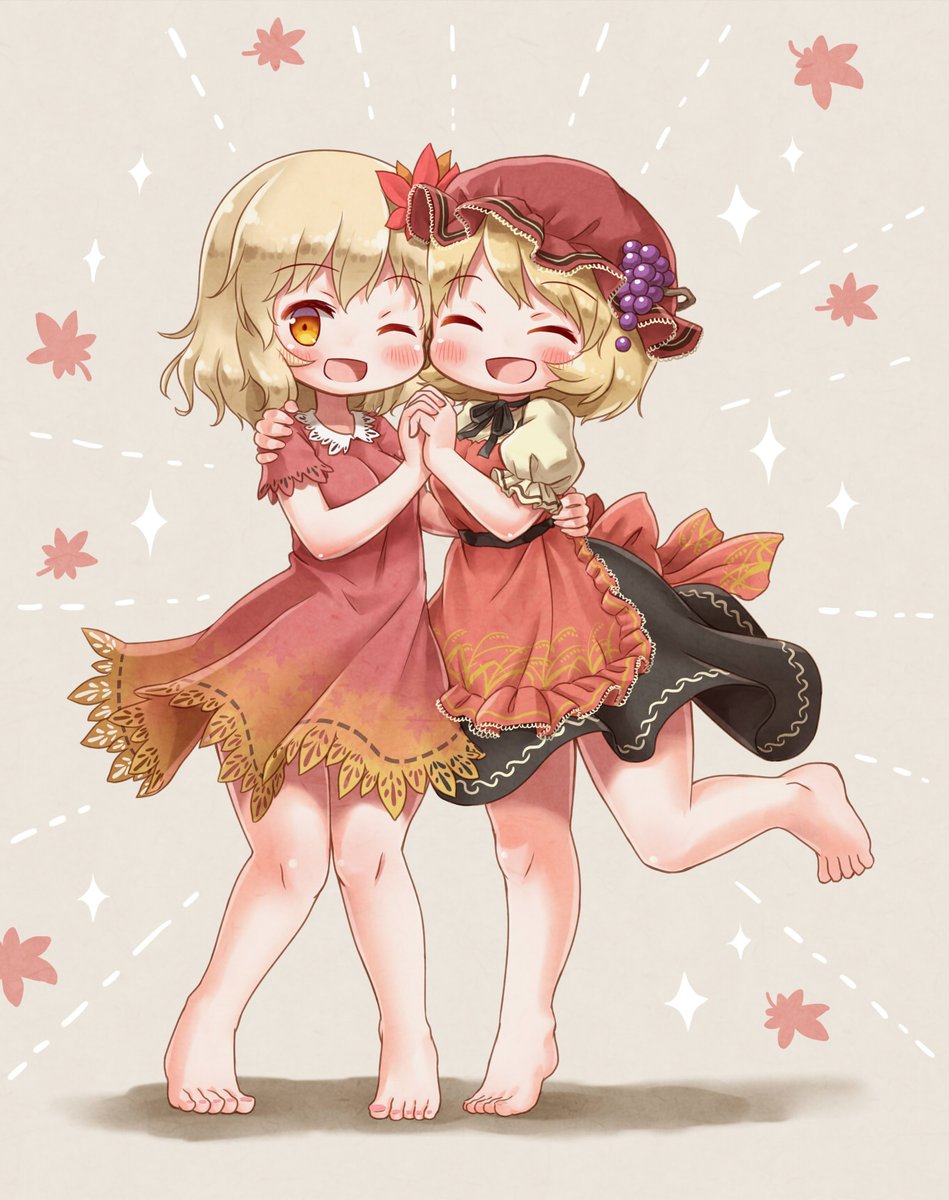 aki minoriko ,aki shizuha multiple girls 2girls barefoot blonde hair one eye closed hat sisters  illustration images