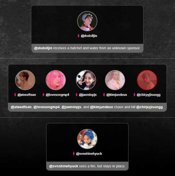 night 1- eli sponsored !!!- san, laur, delicia, and ashley gang up and k!lled amanda (rip)- jonessa stays put + doesn't try to find any allies jonessa + delicia both have 3 k!lls each yall scary day 2 coming tmr!!