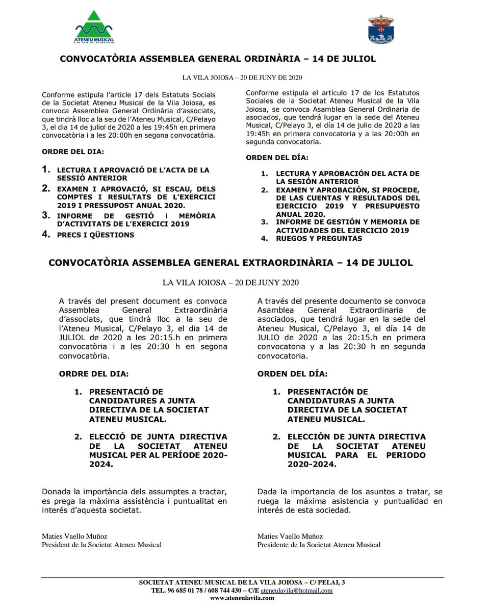Bon dia! A punt d'arribar la nova normalitat, ja podem convocar, de nou, els nostres socis a les assemblees generals ordinària i extraordinària de la societat amb la fi d'anomenar la nova junta directiva.
#socateneu #magradalateneu