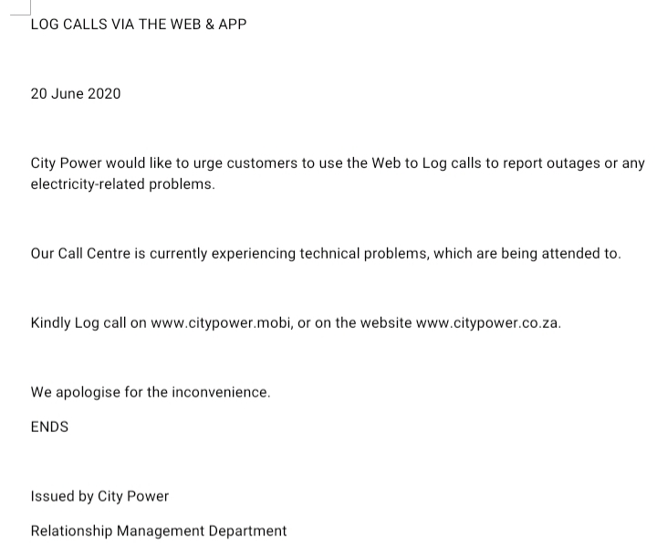 ⚠️Notice to City Power Customers
Kindly read below attached statement.^LP
👇👇