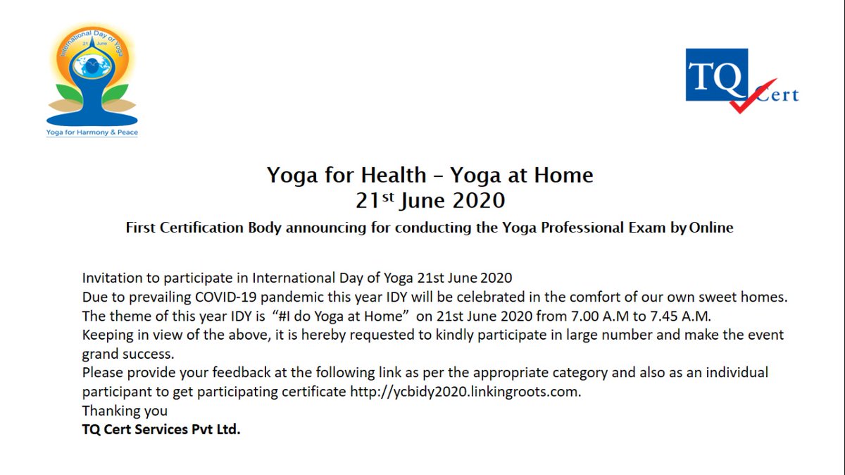 TqCert's tweet photo. The theme of this year IDY is  “#I do Yoga at Home”  on 21st June 2020 from 7.00 A.M to 7.45 A.M.https://t.co/XxIYTkCcNf https://t.co/wFlODgvxR1