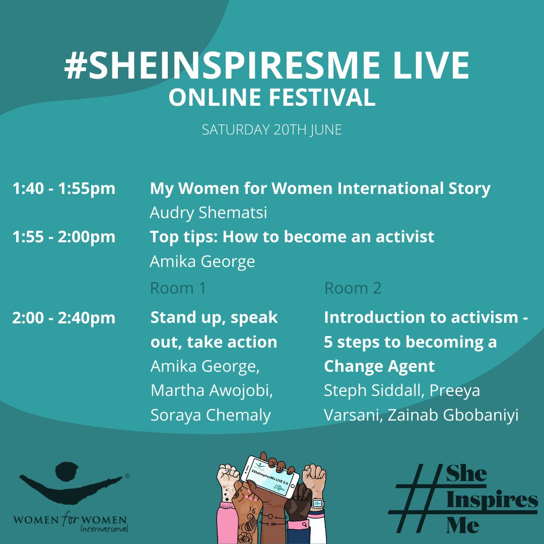 womenforwomenUK's tweet photo. Coming up this afternoon! #SheInspiresMeLIVE

Inspiring sessions with amazing women changemakers including @AmikaGeorge, @MarthaAwojobi, @christinalamb, @yomiadegoke, @meandorla, @ThisSarahPowell, @JayneHardy_ , @scarredntscared &amp; MORE. 

Get your ticket: https://t.co/igxE4PuPS0 https://t.co/wrQ3aRgzON