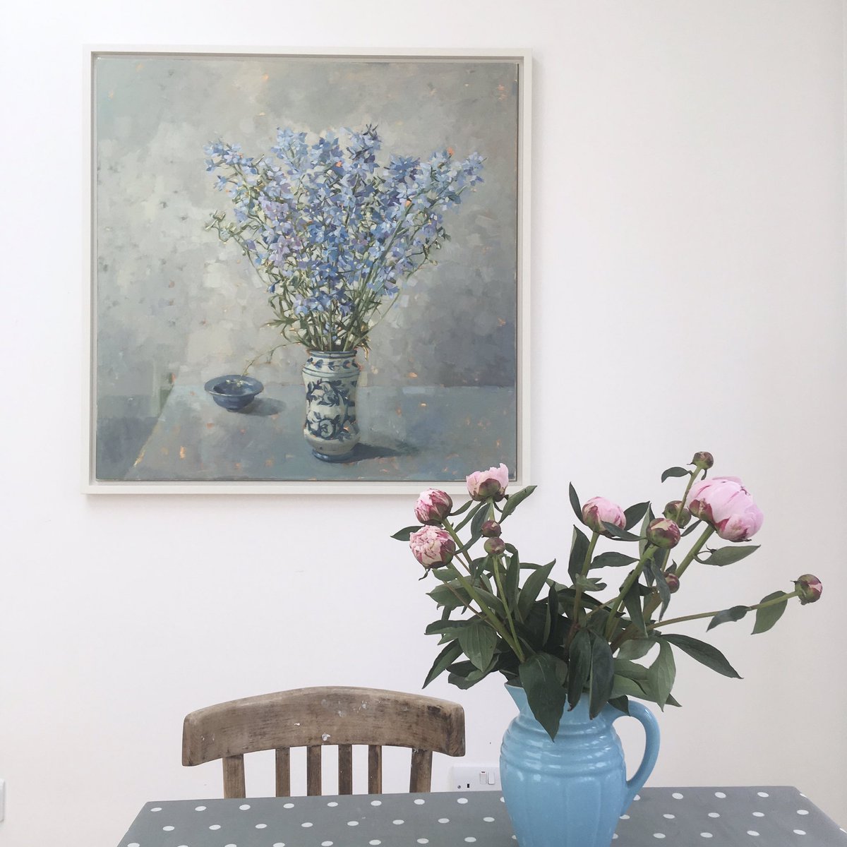 Blue Delphiniums in my kitchen before I delivered it to @thackeraygallery last week, along with all the other paintings in my solo exhibition. It starts 7 July but a Visual Price List is now available if you contact the gallery. #bluedelphiniums #blueflowers #artforthehome