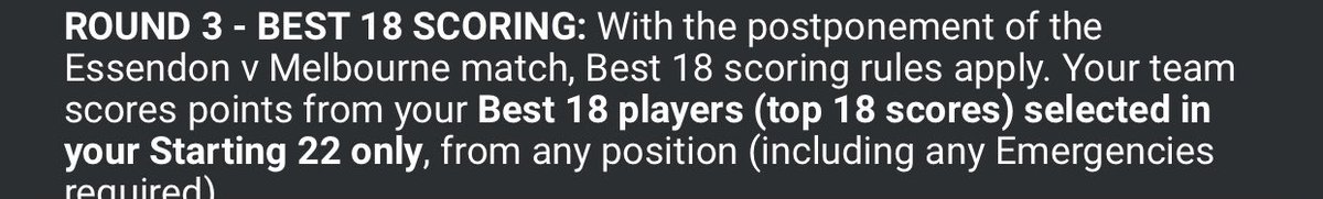 pantlin's tweet photo. @supercoachcoach  @FBDonkey  does that mean if you have 15 scoring players on field, that your Ruck reserve will score as well? Thinking of putting Brodie Smith on bench with no e and getting Pits score https://t.co/ZcaD2f2xs1