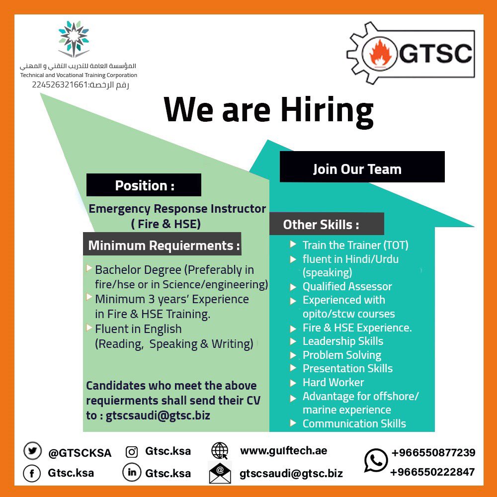 GTSCKSA's tweet photo. #saudiarabia #dammam #khobar #safetyfirst #training #ksa #gtscksa #Jobs  #hiring #vacancy  #وظائف  #توظيف  #تدريب  #safety #training  #gtsc  #fire #instructor #hse #stcw #opito #firetraining #fire #courses #دورات https://t.co/smddn2amcy