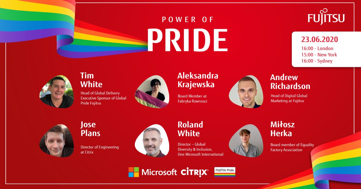 Fujitsu_Global's tweet photo. 🌈 Join us and our guests from @Microsoft (Roland White), @Citrix (Jose Plans), @fabrykarownosci (Aleksandra Krajewska and Miłosz Herka) for our Power of Pride Webinar - June 23 at 16:00(GMT+10):  https://t.co/wnuir6AbCQ   #PrideMonth #VirtualPride https://t.co/te0zjo90bX