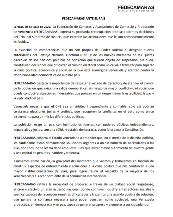 Fedecámaras: recientes decisiones del TSJ atentan contra la institucionalidad democrática del país