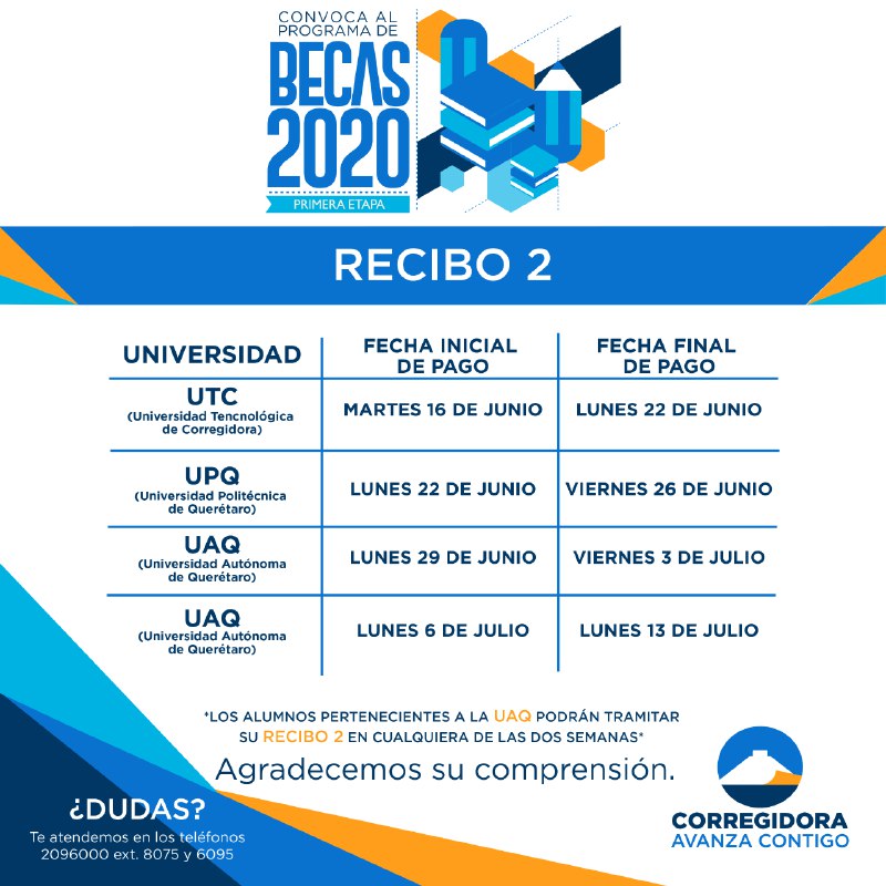 MpioCorregidora's tweet photo. #AvisoImportante Se ha liberado el Recibo 2 de #Becas2020. Saldrá por etapas buscando evitar aglomeraciones en los bancos. Únicamente podrán hacer efectivo el trámite en la semana correspondiente. #Corregida https://t.co/b63FasRzAp