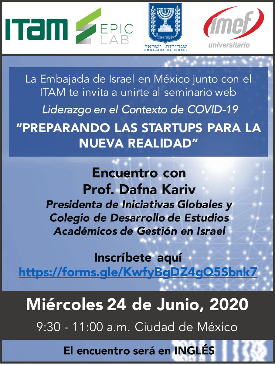 EPIC Lab ITAM (@epiclabitam) on Twitter photo Te esperamos en el seminario web Liderazgo en el Contexto de COVID-19 "Preparando las startups para la nueva realidad". Inscríbete aquí: forms.gle/KwfyBgDZ4gQ5Sb… Será este 24 de junio a las 9:30 h.
<a href="/EpicLabITAM/">EPIC Lab ITAM</a>
<a href="/ITAM_mx/">ITAM</a>
<a href="/imefuniv/">IMEF Universitario</a> Te esperamos en el seminario web Liderazgo en el Contexto de COVID-19 "Preparando las startups para la nueva realidad". Inscríbete aquí: forms.gle/KwfyBgDZ4gQ5Sb… Será este 24 de junio a las 9:30 h.
<a href="/EpicLabITAM/">EPIC Lab ITAM</a>
<a href="/ITAM_mx/">ITAM</a>
<a href="/imefuniv/">IMEF Universitario</a>