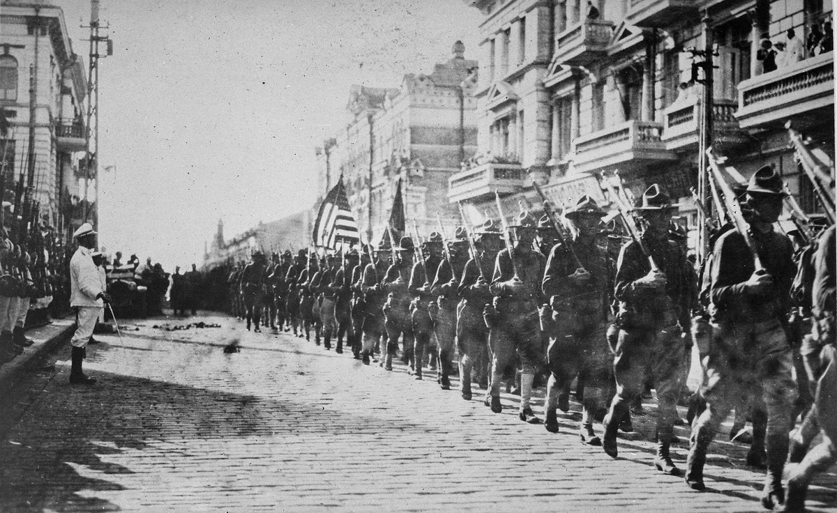 after the russian revolution every imperialist country on earth, including the US, France, UK, Japan and Italy formed an alliance to, in the words of churchill, "strangle the infant Bolshevism in its crib". here are US troops occupying vladivostok and canadian troops in siberia