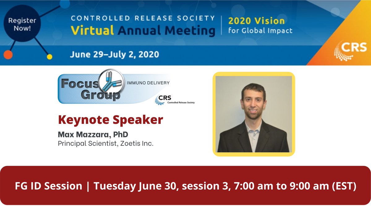 We are excited to announce our keynote speaker for the <a href="/CRS_FG_Immuno/">CRS Immuno Delivery</a> Focus Group Session at #CRS2020: 
✔️Dr. Max Lazarra, Zoetis, Inc. 

register today to join us:
2020.controlledreleasesociety.org/registration
#CRS2020vAM