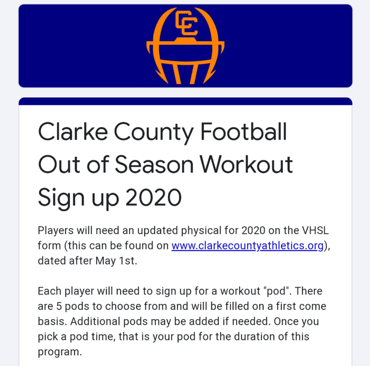 Attention players, we have been approved to begin in person workouts beginning June 29th. There is important info in the Football Google Classroom as well as a link to sign up for your pod.